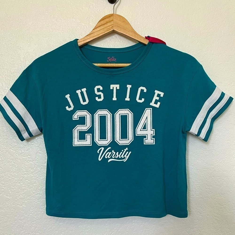 Girls Justice boxy crop tee/ teal/ white glitter letter SZ 7/8 NWT